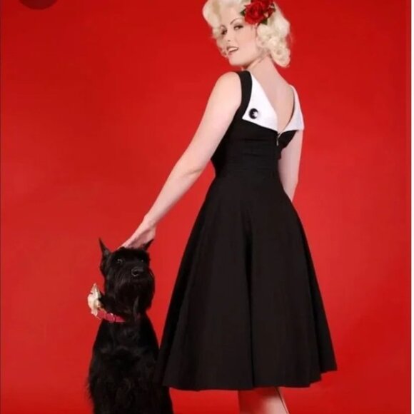 Bettie Page Tatyana Black Dress with White Satin Button Back Fit and Flare pinup - Picture 1 of 3